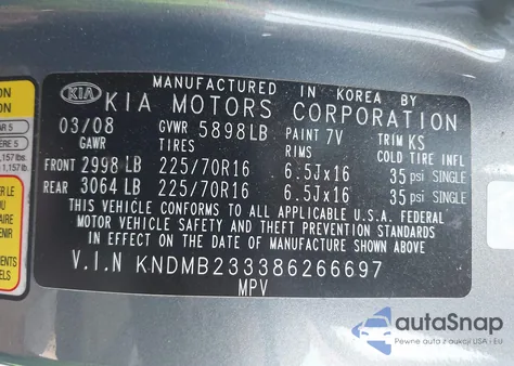 2008 Kia Sedona Lx z USA, uszkodzony, nr VIN KNDMB233386266697